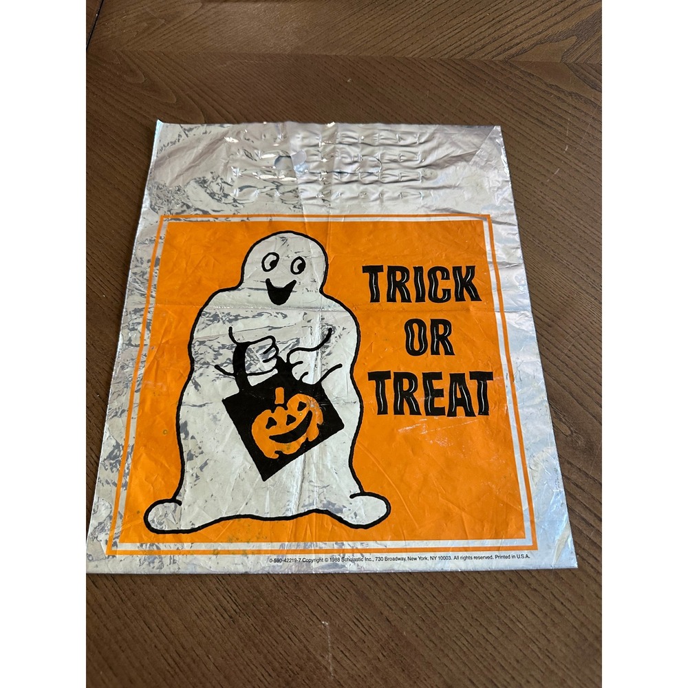 Vintage 1988 Scholastic Halloween Ghost Foil Trick or Treat Bag Silver Orange